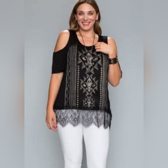 Vocal Tops - VOCAL BLACK GRAPHIC EMBELLISHED COLD SHOULDER TOP with LACE DETAIL